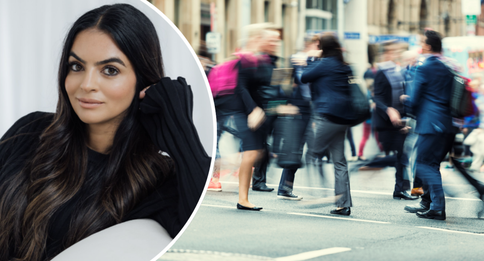 HR expert Lara Nercessian next to workers walking in Sydney 