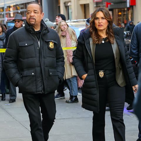 <p>Jose Perez/Bauer-Griffin/GC Images</p> Ice-T and Mariska Hargitay are seen filming at the 'Law & Order: Special Victims Unit' film set in Times Square on November 28, 2023 in New York City