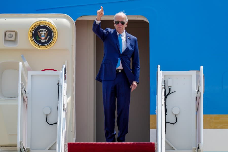 President Joe Biden gestures as he boards Air Force One at Andrews Air Force Base, Md., Wednesday, May 17, 2023, as he heads to Hiroshima, Japan to attend the G-7. (AP Photo/Jess Rapfogel)