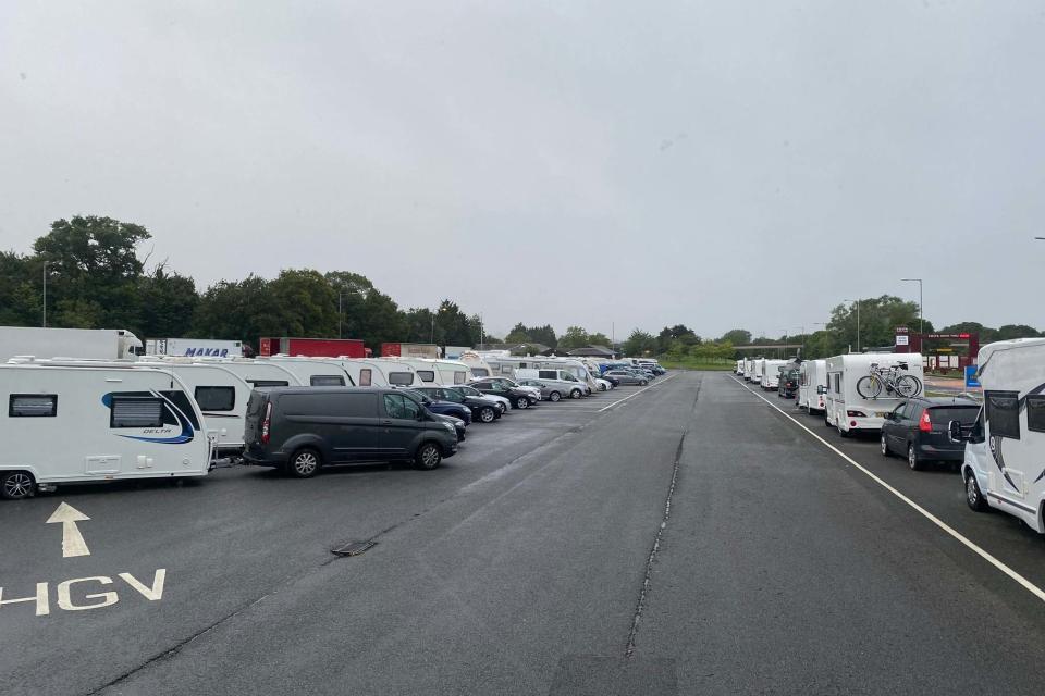 Caravans packed out the car park Taunton Deane Services on the M5 on Saturday morning (PA)