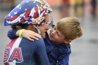 <p>Kristin Armstrong hugs her son Lucas Armstrong Savola, 5, after she won the gold medal in the women’s cycling road individual time trial at Rio 2016 on Wednesday, August 10, 2016. (Photo by AAron Ontiveroz/The Denver Post via Getty Images) </p>