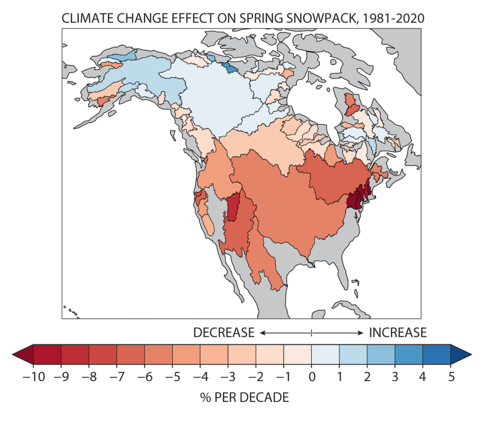 Snowpack loss from 1981-2020 was at its worst in the northeast and southwest US (Justin Mankin and Alexander Gottlieb/Dartmouth)