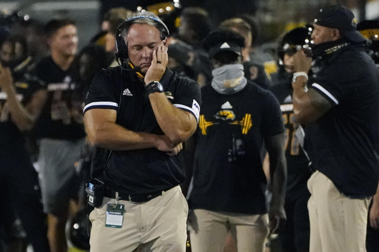 Southern Mississippi coach Jay Hopson reacts following a South Alabama touchdown during the first half on Thursday, a game the Golden Eagles woul lose. (AP Photo/Rogelio V. Solis)