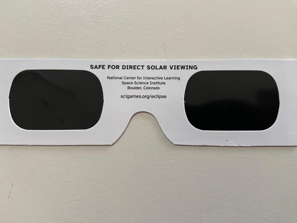Solar eclipse glasses from the Gordon and Betty Moore Foundation can be used for the Annular Eclipse on Oct. 14, 2023, and the Total Eclipse on April 8, 2024. These have the ISO symbol on them and are safe for direct solar viewing.