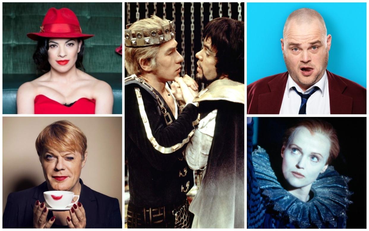 Clockwise from bottom left: Eddie Izzard, Camille O'Sullivan, Ian McKellen and James Laurenson in Edward II, Al Murray, Miranda Richardson in Orlando - Alamy