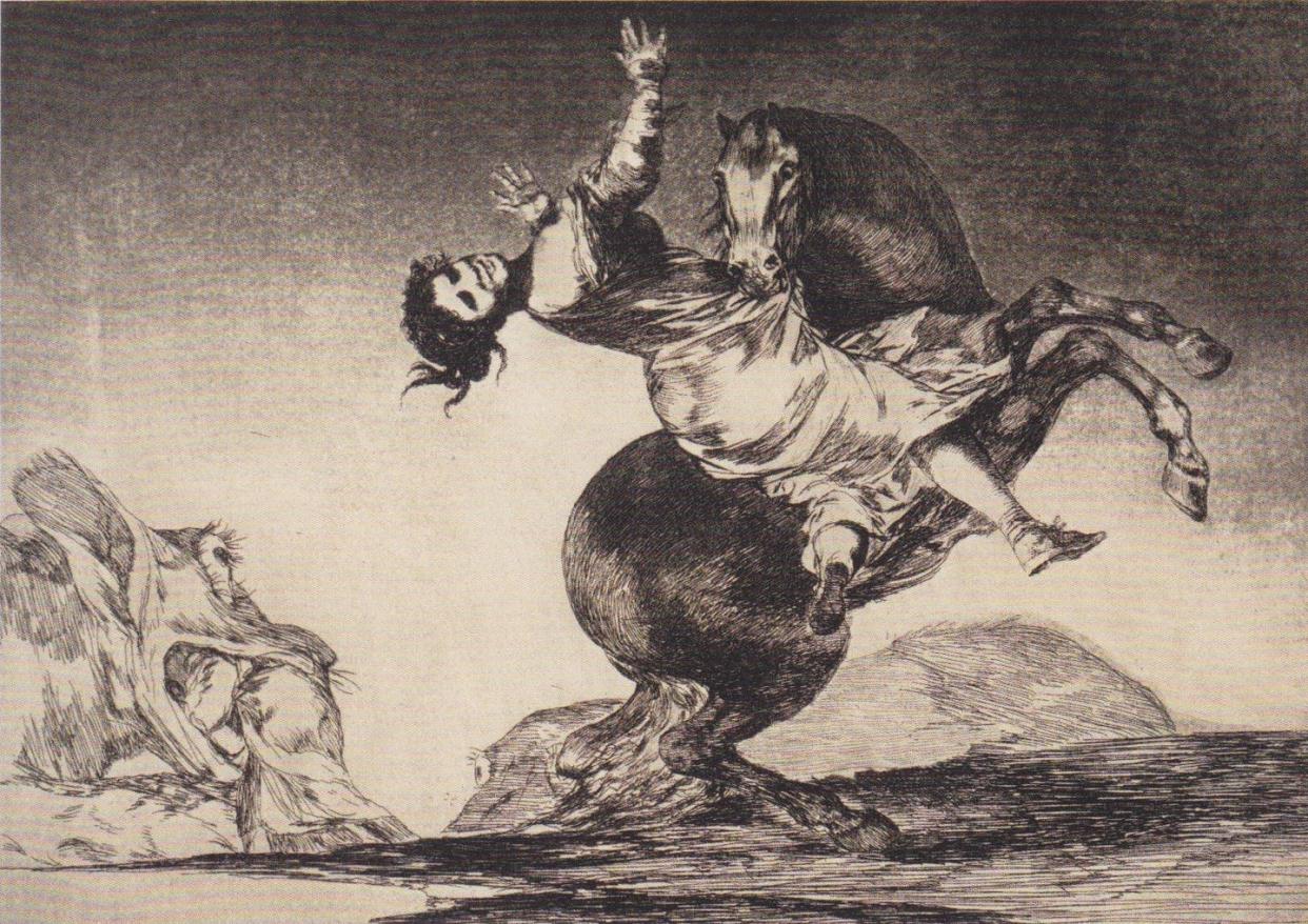 <span class="caption">Uno de los 'Disparates' de Goya ('La mujer y el potro, que los dome otro'), mencionado en 'Mono y esencia'.</span> <span class="attribution"><a class="link " href="https://commons.wikimedia.org/wiki/File:Goya_-_Ausgelassene_Torheit_1819-23.jpeg" rel="nofollow noopener" target="_blank" data-ylk="slk:Oberösterreichische Landesmuseen / Wikimedia Commons;elm:context_link;itc:0;sec:content-canvas">Oberösterreichische Landesmuseen / Wikimedia Commons</a></span>