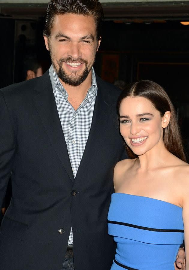 Jason with his Game of Thrones cast mate Emilia Clarke who he raped on the show. Source: Getty