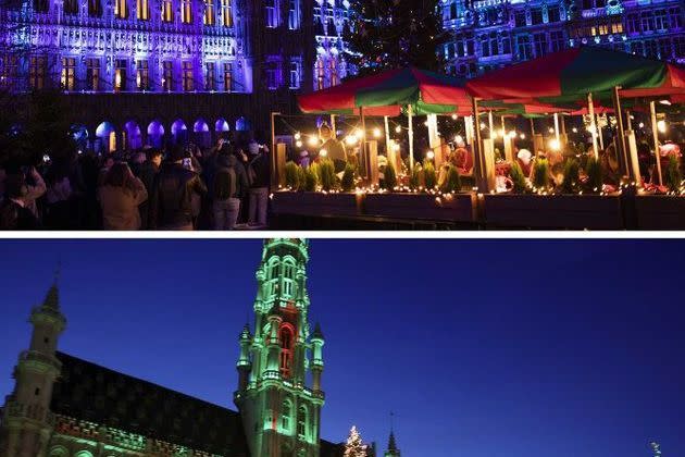 <p>Le marché de Noël de la Grand-Place de Bruxelles (Belgique), avant la pandémie puis en novembre 2020.</p>