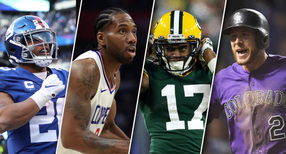 Saquon Barkley, Kawhi Leonard, Davante Adams, Trevor Story. (Photos by Al Bello/Sean M. Haffey/Gregory Shamus/Stacy Revere/Getty Images)