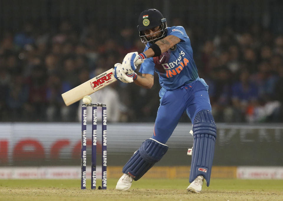 India's captain Virat Kohli bats during the second Twenty20 international cricket match between India and Sri Lanka in Indore, India, Tuesday, Jan. 7, 2020. (AP Photo/Aijaz Rahi)