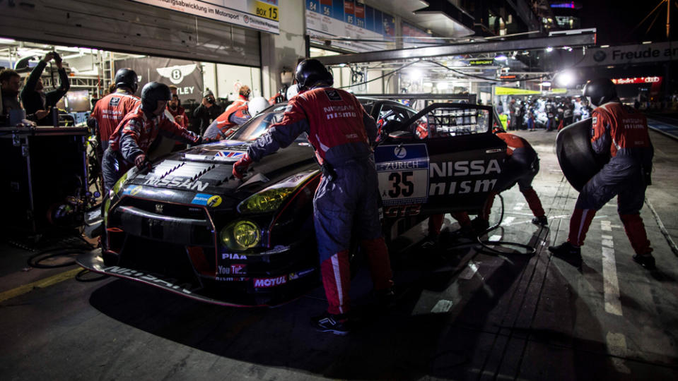 The Nissan R 35 GT-R,  racing in black livery, during the 2015 Nürburgring 24 Hours.