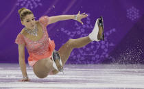 <p>Maria Sotskova of the Olympic Athletes of Russia falls while performing during the women’s short program figure skating in the Gangneung Ice Arena at the 2018 Winter Olympics in Gangneung, South Korea, Wednesday, Feb. 21, 2018. (AP Photo/Bernat Armangue) </p>