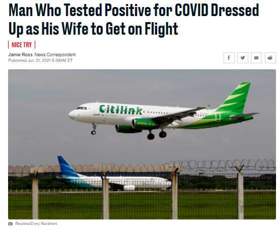 印尼染疫男子假扮妻子成功登機，上廁所脫罩袍後露餡。（圖／翻攝自Daily Beast網頁）