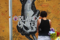 <p>A visitor stands at the memorial to the victims of the mass shooting setup around the Pulse gay nightclub one day before the one year anniversary of the shooting on June 11, 2017 in Orlando, Florida. (Joe Raedle/Getty Images) </p>