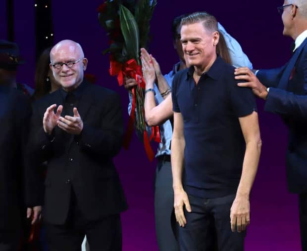 Jim Vallance, left, and Bryan Adams at the Pretty Woman: The Musical opening night curtain call at the Nederlander Theatre in New York in 2018. Vallance and Adams had a hugely successful songwriting partnership for many years.