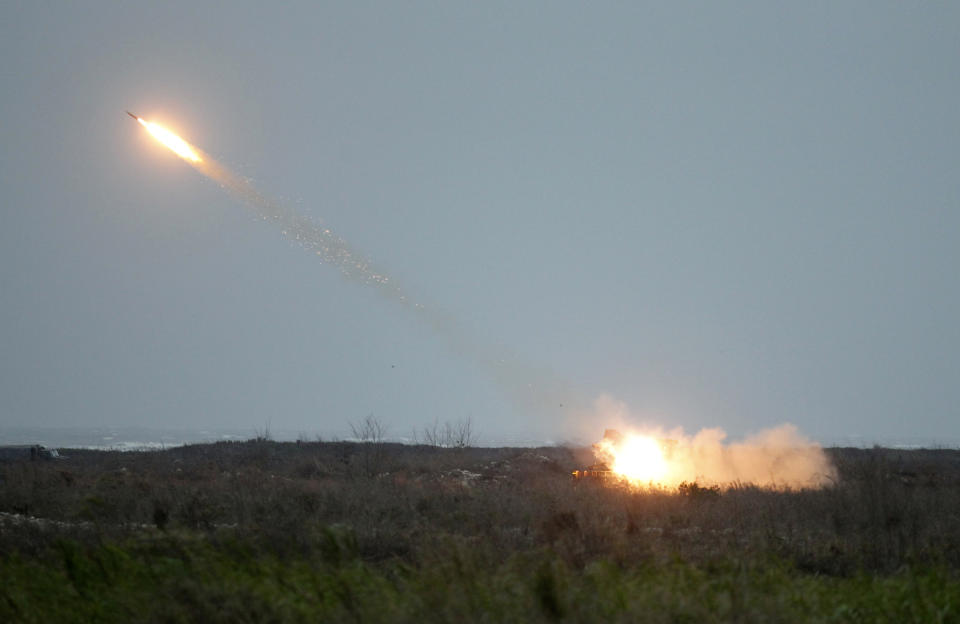 A rocket is fired from a Thunderbolt 2000 multi-rocket launcher during a military exercises in Taichung, central Taiwan, Thursday, Jan. 17, 2019. Taiwan’s military has conducted a live-fire drill on Thursday to show its determination to defend itself from Chinese threats. (AP Photo/Chiang Ying-ying)
