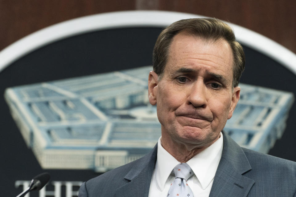 Pentagon spokesman John Kirby pauses during an emotional moment while talking about Russia's war in Ukraine at a press briefing on Friday.