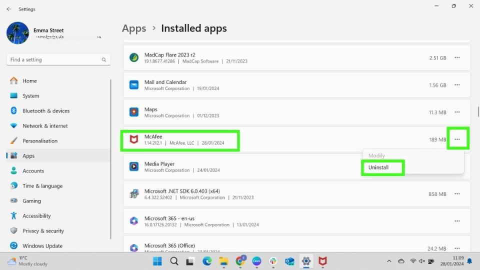 Screenshot showing how to remove McAfee from a computer using Windows Uninstall - Settings, Apps, Installed Apps, Right click on uninstall