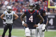 Houston Texans quarterback Deshaun Watson (4) reacts to a play during the first half of an NFL football game against the Carolina Panthers Sunday, Sept. 29, 2019, in Houston. (AP Photo/Eric Christian Smith)