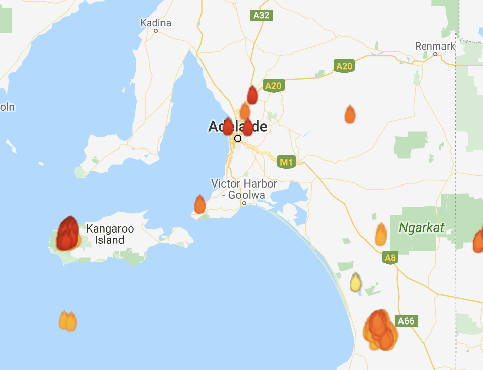 Wildfires burn outside Adelaide | Landgate's MyFireWatch