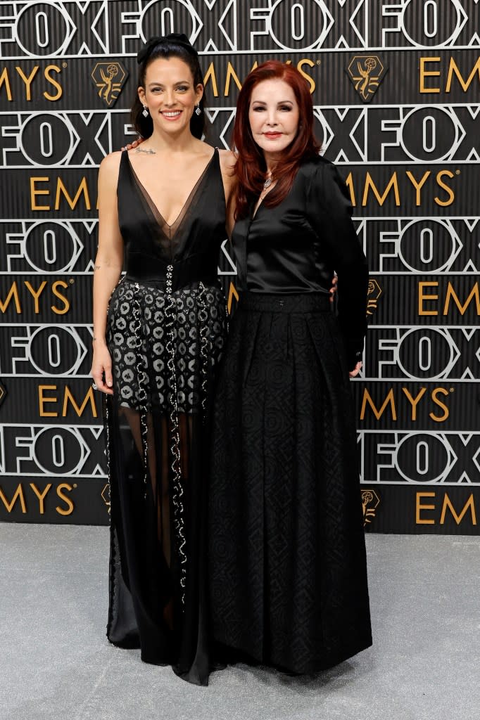 (L-R) Riley Keough and Priscilla Presley attends the 75th Primetime Emmy Awards at Peacock Theater on January 15, 2024 in Los Angeles, California.