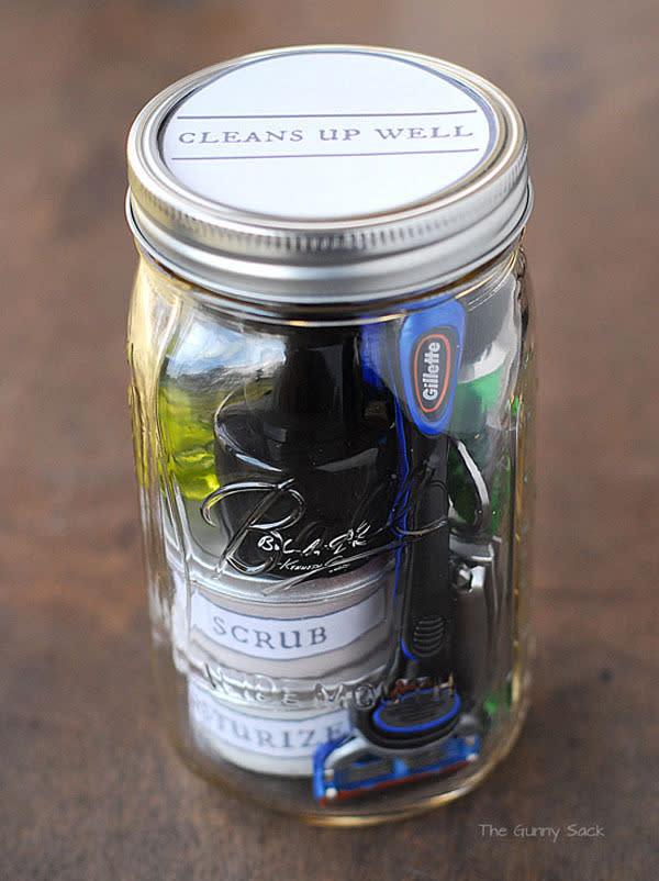 Perfect for your BF, this “cleans up well” jar is a fantastic idea - and makes a great travel kit, too. 