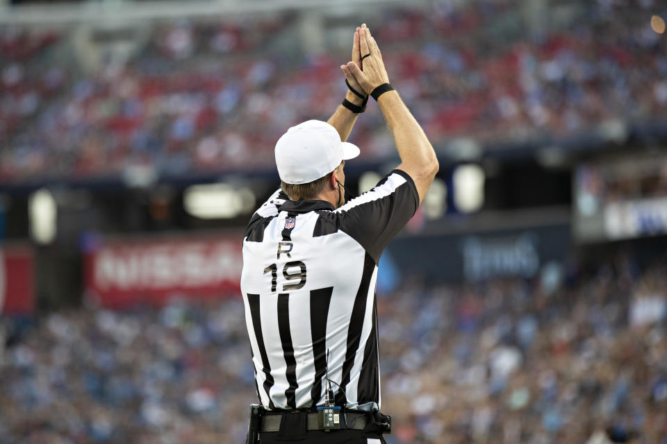 NASHVILLE, TN - AUGUST 17:  Referee Clay Martin #19 signals a safety during a game against the New England Patriots and the Tennessee Titans during week two of the preseason at Nissan Stadium on August 17, 2019 in Nashville, Tennessee.  The Patriots defeated the Titans 22-17.  (Photo by Wesley Hitt/Getty Images)