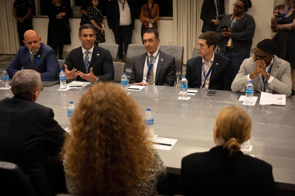 City of Miami Mayor Francis Suarez, second from the left, speaks to family members of hostages and victims of Hamas violence along with other mayors with during the North American Mayors Summit Against Antisemitism on Wednesday, Nov. 15, 2023, at the W Hotel in Fort Lauderdale.