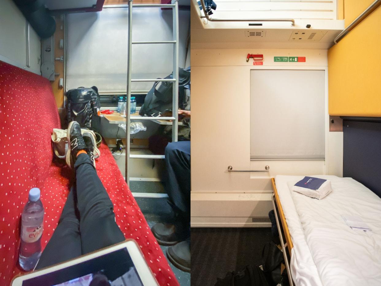 Left: The author lays in her bunk in the shared cabin. Right: Inside a private cabin on a Nightjet train.