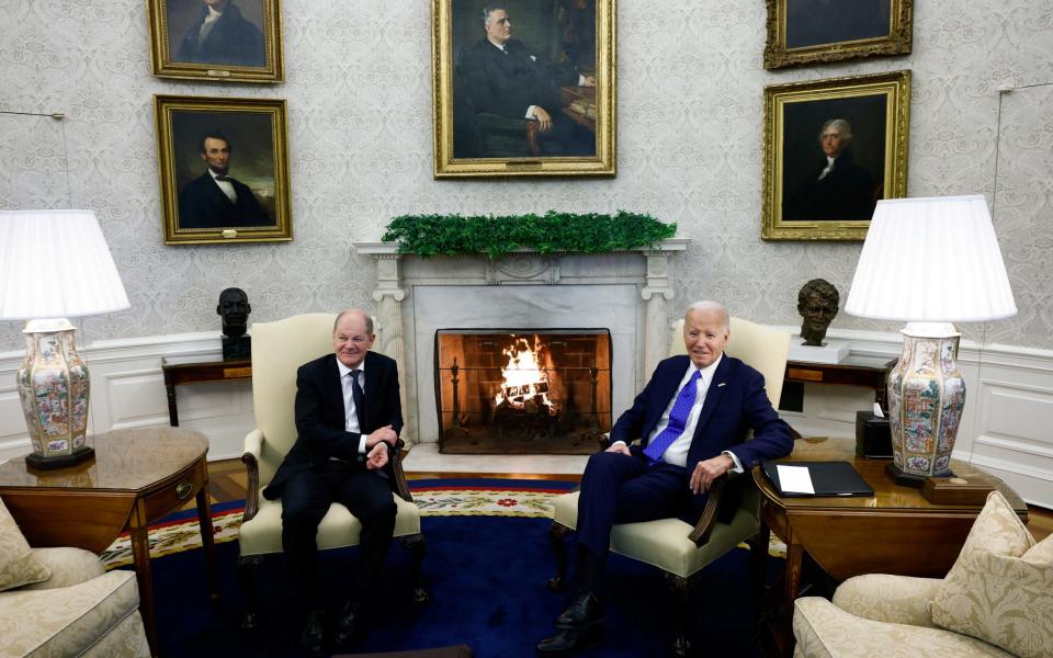 US President Joe Biden meets with German Chancellor Olaf Scholz in the Oval Office at the White House
