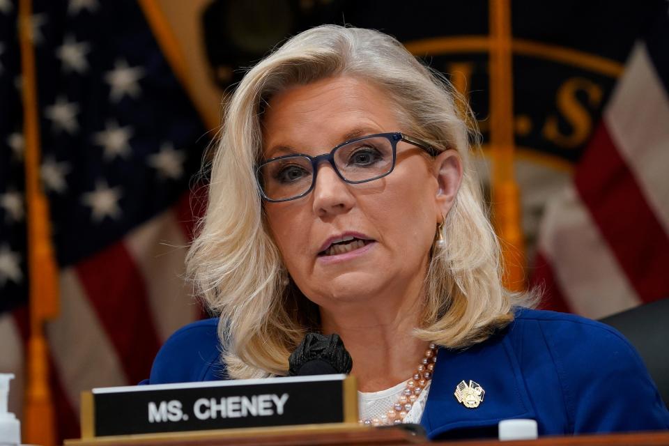 Rep. Liz Cheney, R-Wyo, gives her opening statement during the Oct. 13, 2022 hearing of the committee to investigate the January 6 attack on the United States Capitol resumes public hearings at the US Capitol.