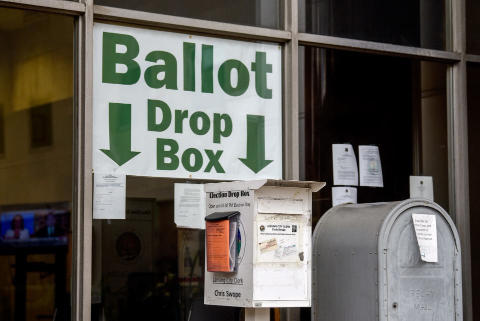 A ballot drop off box outside City Hall on Thursday, Oct. 1, 2020, in Lansing.