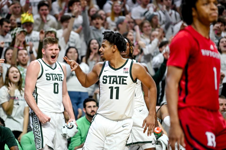 Michigan State's A.J. Hoggard celebrates after making a 3-pointer against Rutgers during the second half on Sunday, Jan. 14, 2024, at the Breslin Center in East Lansing.