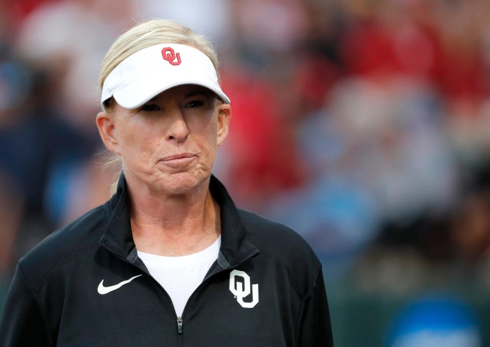 Oklahoma head softball coach Patty Gasso is pictured during the college softball game between the University of Oklahoma Sooner and Seminole State College at Marita Hynes Field in Norman, Okla., Monday, Oct., 23, 2023.