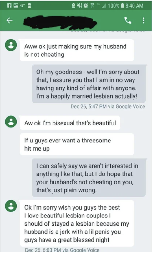 Someone texting, "Ok I'm sorry wish you guys the best I love beautiful lesbian couples I should of stayed a lesbian because my husband is a jerk with a lil penis you guys have a great blessed night."