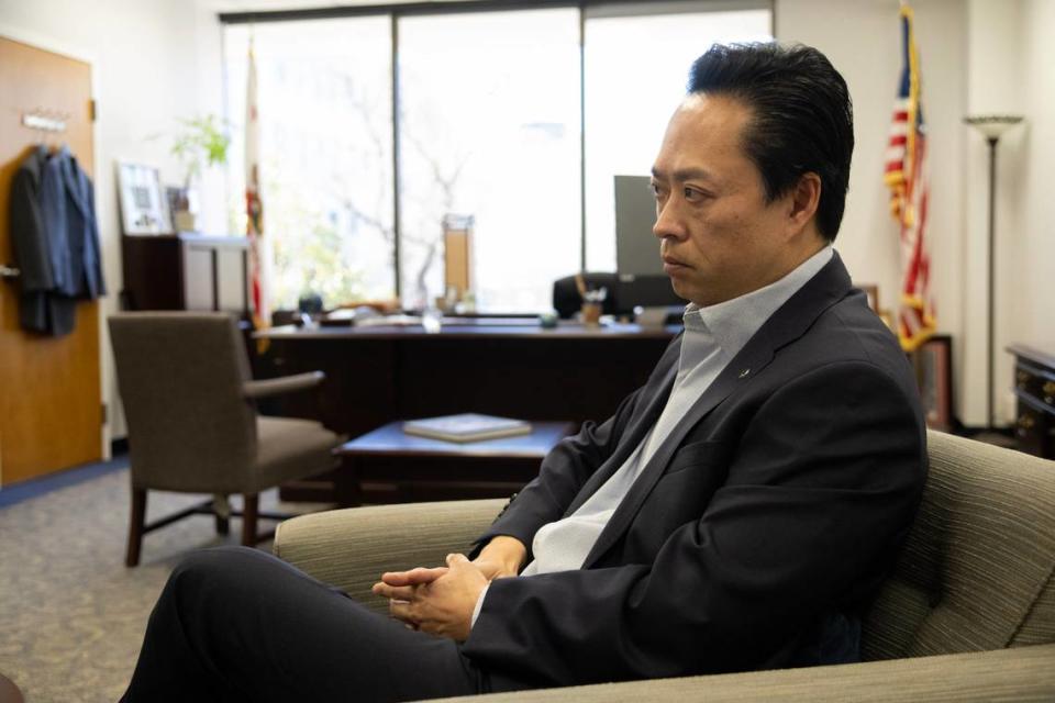 Thien Ho, who helped convict the Golden State Killer as a prosecutor in the Sacramento County District Attorney’s office, talks about the case in his office on earlier this month, as the five-year anniversary of the arrest of Joseph James DeAngelo Jr. nears. Ho was elected the county’s District Attorney in 2022.