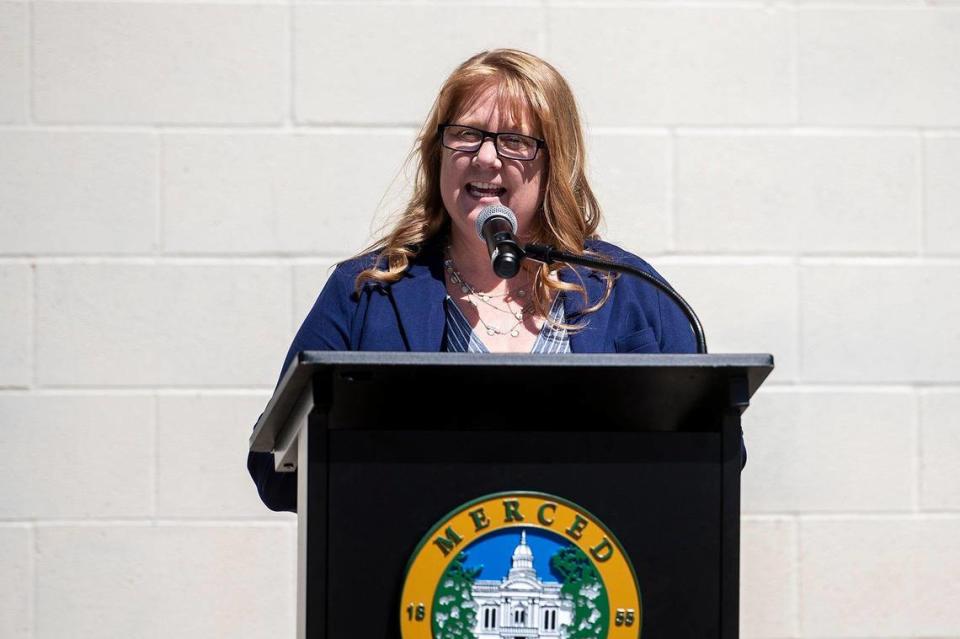 Merced County Librarian Amy Taylor, speaks during a groundbreaking ceremony for a project that calls for renovations to Del Hale Hall and the relocation of the Dos Palos branch of the Merced County Library at O’Banion Park in Dos Palos, Calif., on Wednesday, Aug. 2, 2023.