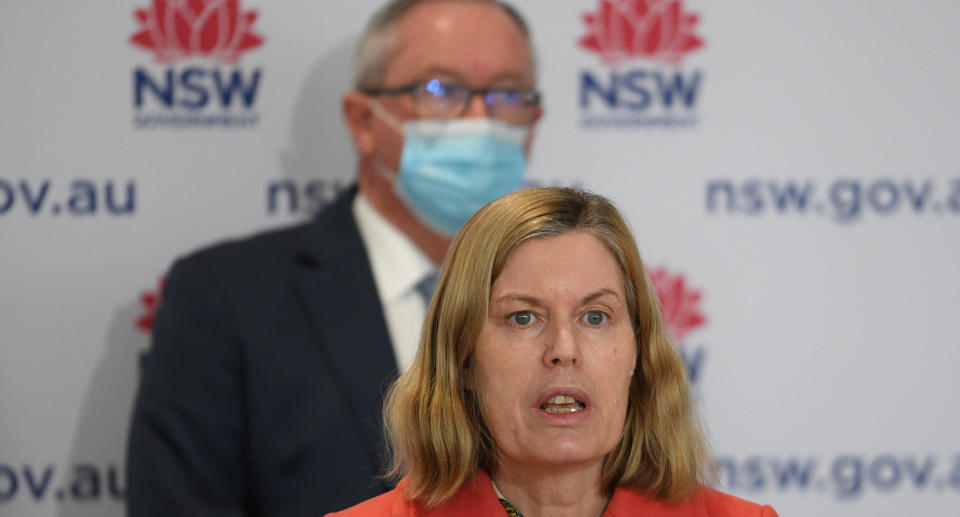 NSW Chief Medical Officer Dr Kerry Chant and Health Minister Brad Hazzard join Premier Gladys Berejiklian during a COVID-19 update in Sydney, Monday, August 9, 2021. Source: AAP