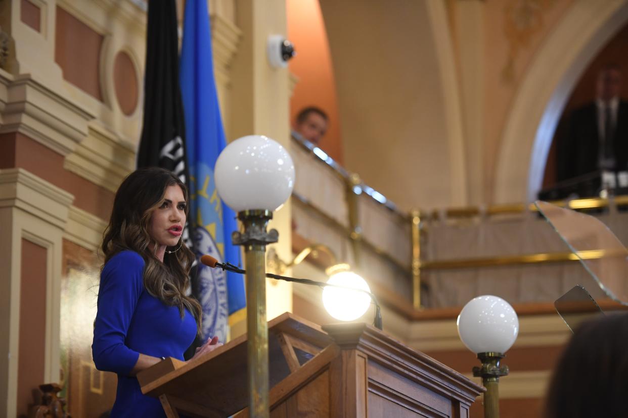 Gov. Kristi Noem delivers the state of the state address on Tuesday, Jan. 9, 2024 at South Dakota State Capitol in Pierre.