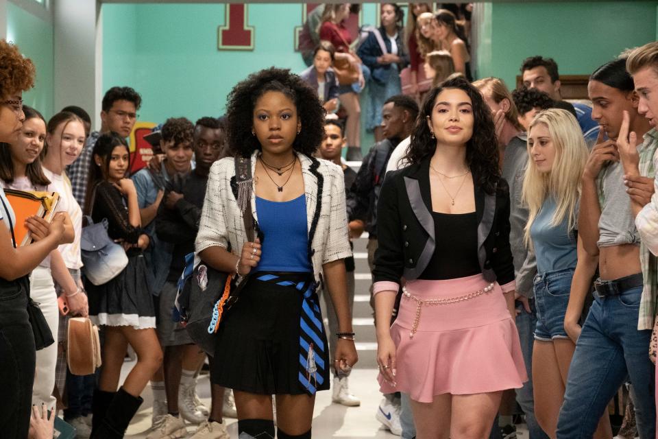 Darby (Riele Downs, left) can communicate with the deceased and has to help her newly electrocuted ex-friend (Auli'i Cravalho) in the supernatural teen comedy "Darby and the Dead."