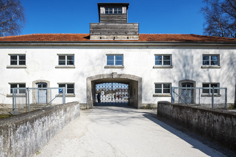 Dachau, Bavaria, Germany.- March 28 2017. Main security building, entrance at Dachau concentration camp in Germany