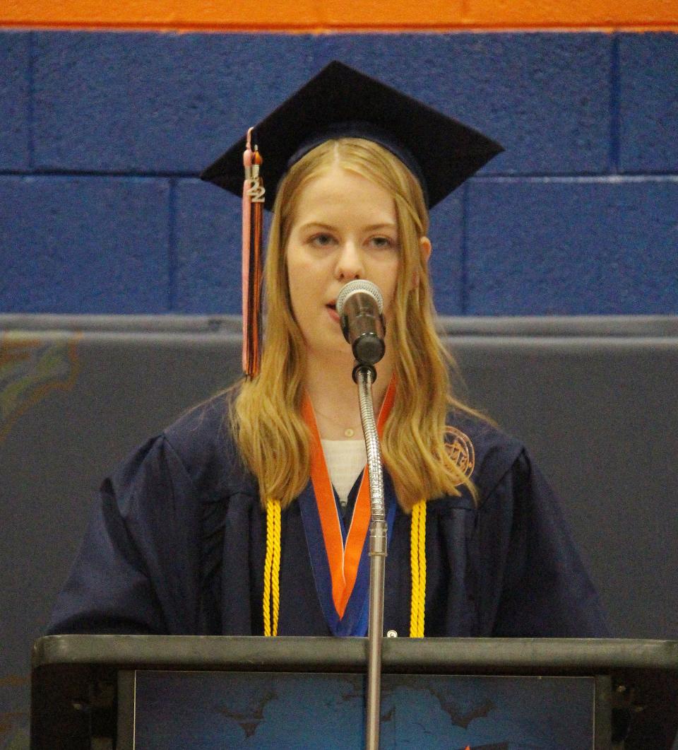 Lydia Grampp gives the commencement address at the graduation ceremonies for the Pontiac Township High School Class of 2022 Sunday.