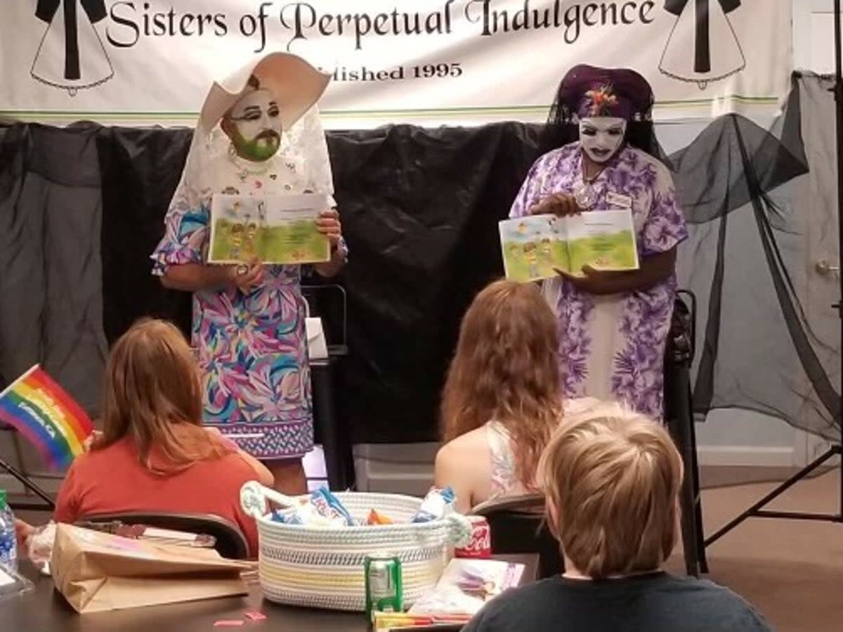 A Sister from the San Francisco chapter, right, models its distinctive “ear boobs” headdress (Sister Electra-Complex/LA Sisters of Perpetual Indulgence)