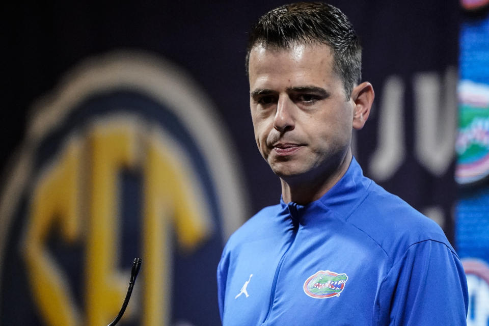 Florida NCAA college basketball head coach Todd Golden speaks during Southeastern Conference Media Days, Wednesday, Oct. 18, 2023, in Birmingham, Ala. (AP Photo/Mike Stewart)