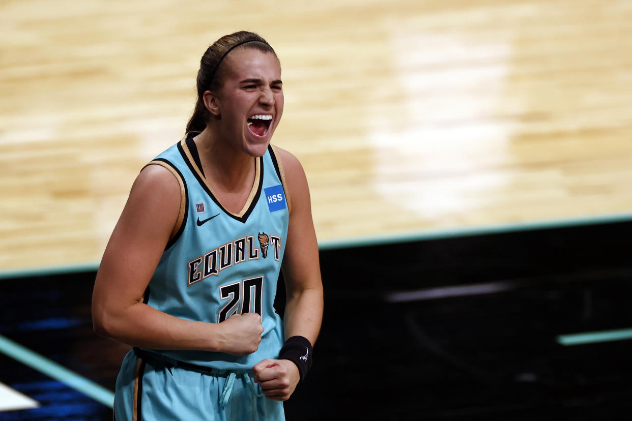 New York Liberty guard Sabrina Ionescu eacts after making the game-winning 3-pointer against the Indiana Fever on May 14, 2021 in New York. (AP Photo/Adam Hunger)