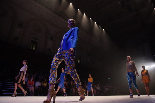 Models showcase designs by Gary Bigeni on the catwalk as part of Mercedes Benz Fashion Festival Sydney 2012 at Sydney Town Hall on August 25, 2012 in Sydney, Australia. (Photo by Lisa Maree Williams/Getty Images)