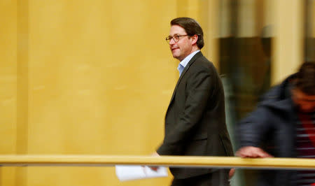 Andreas Scheuer, secretary general of the conservative Christian Social Union (CSU) party, walks to the German Parliamentary Society during the exploratory talks about forming a new coalition government in Berlin, Germany, November 16, 2017. REUTERS/Hannibal Hanschke