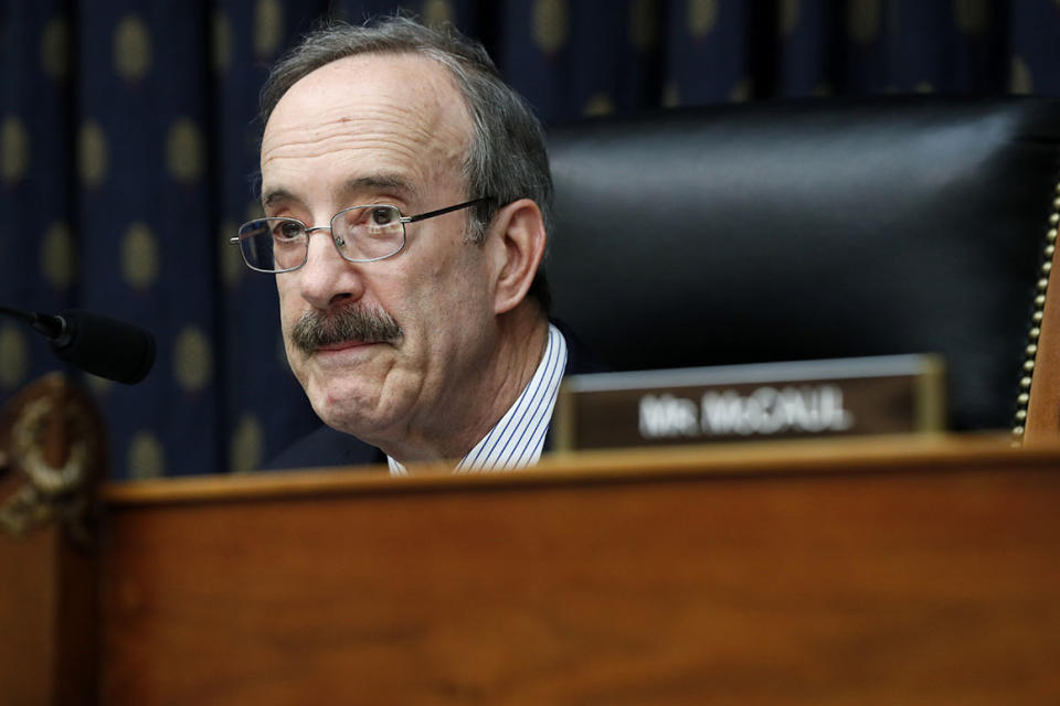 House Foreign Affairs Chairman Rep. Eliot Engel, D-NY, listens during committee hearing on Kosovo's Wartime Victims, Tuesday April 30, 2019, on Capitol Hill in Washington. (AP Photo/Jacquelyn Martin)