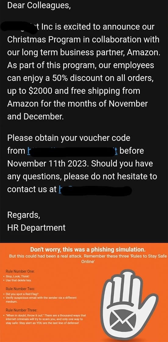 Announcement of a Christmas program in collaboration with Amazon, offering discounts and free shipping. Emphasizes voucher code retrieval and phishing simulation warning