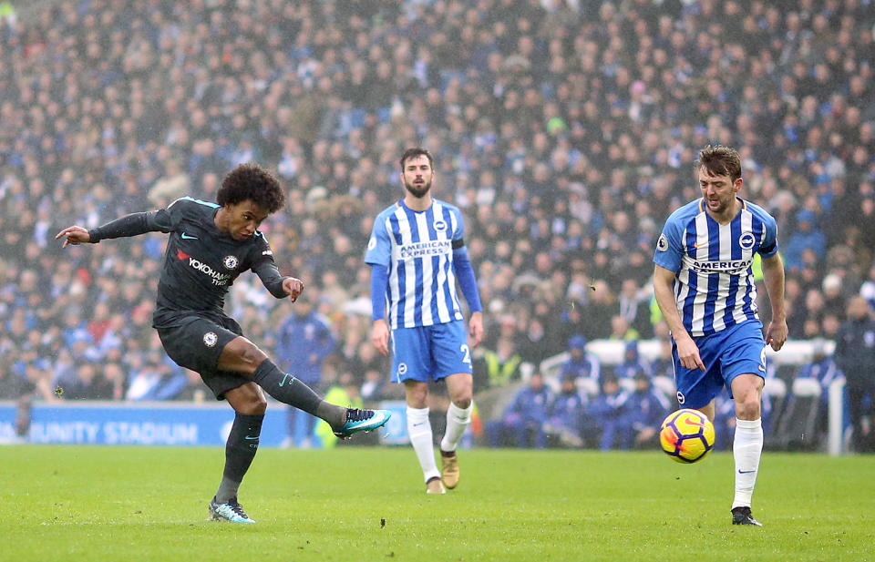 Willian scores his goal of the season contender for Chelsea against Brighton. (Getty)